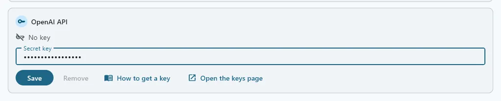 The OpenAI API card on FilmOpen’s Provider keys tab, saying No key, with a key pasted into Secret key and shown as dots, and Save ready to press