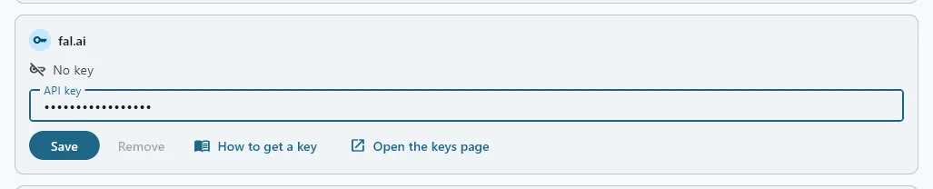 The fal.ai card on FilmOpen’s Provider keys tab, saying No key, with a key pasted into API key and shown as dots, and Save ready to press