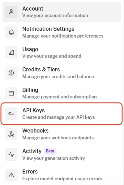 fal’s Settings menu: Account, Notification Settings, Usage, Credits & Tiers, Billing, then API Keys, Create and manage your API keys, outlined in red, followed by Webhooks, Activity and Errors