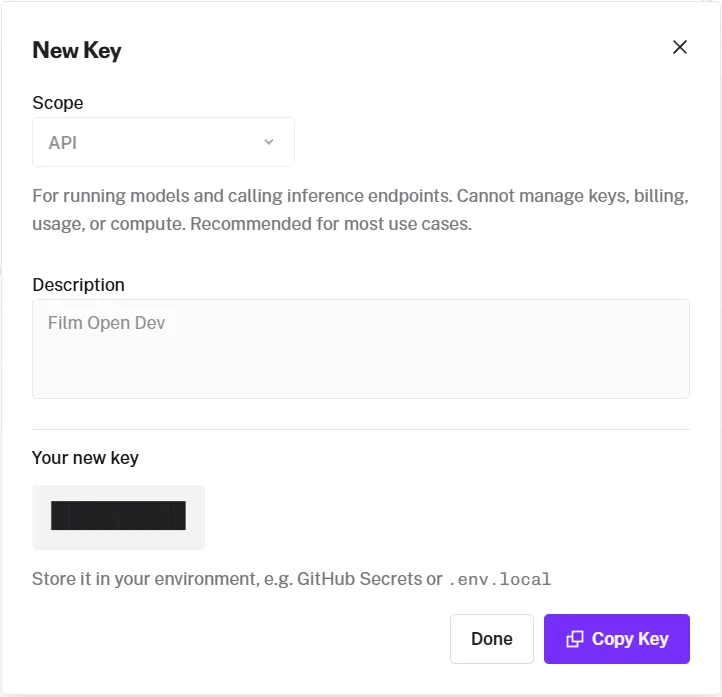 fal’s New Key window: the API scope, for running models and calling inference endpoints, a description, Your new key blacked out here, and the Done and Copy Key buttons