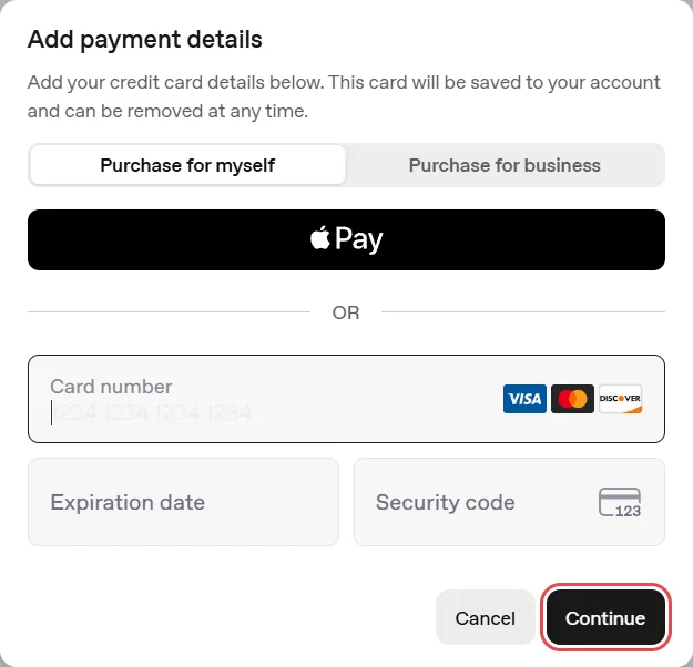 OpenAI’s Add payment details window: Purchase for myself or for business, Apple Pay, empty boxes for the card number, expiration date and security code, and the Continue button outlined in red