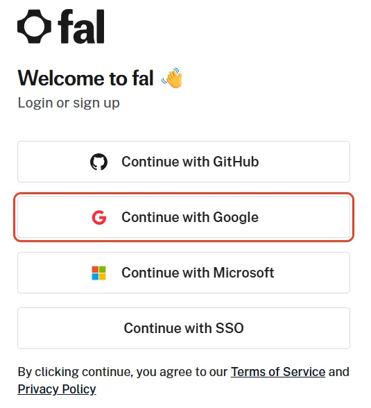fal’s Welcome to fal page: Login or sign up, with buttons to continue with GitHub, Google (outlined in red), Microsoft or SSO, above the line accepting its Terms of Service and Privacy Policy