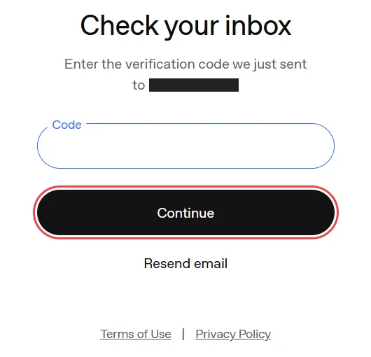 OpenAI’s Check your inbox page, with the e-mail address covered, an empty Code box and the Continue button outlined in red