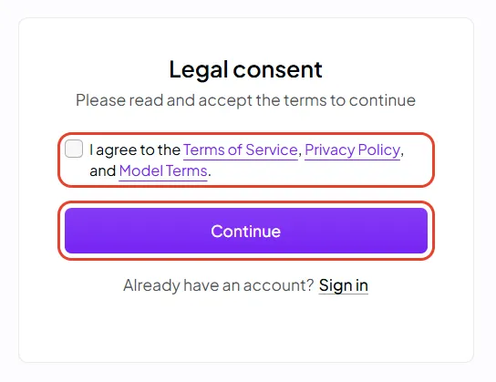 OpenRouter’s Legal consent card: the box accepting the Terms of Service, Privacy Policy and Model Terms, and the Continue button, both outlined in red